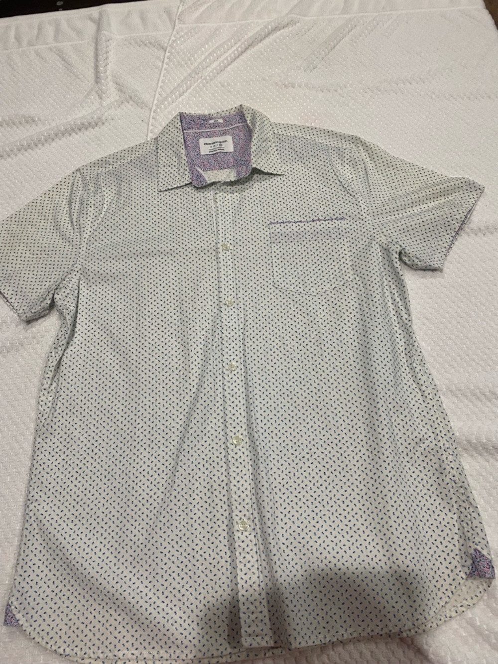 Paper Denim & Cloth White Short Sleeve Button-Up Shirt with Blue Print